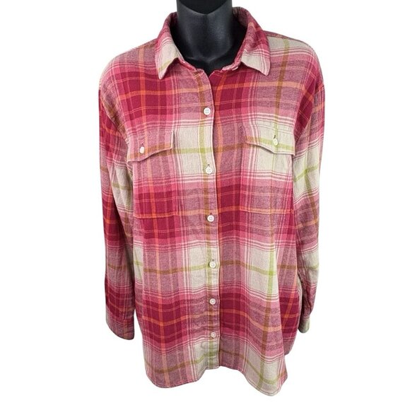 Pink Plaid Flannel Boyfriend Shirt Button Up Long Sleeve Women’s M OLD NAVY - Picture 1 of 7